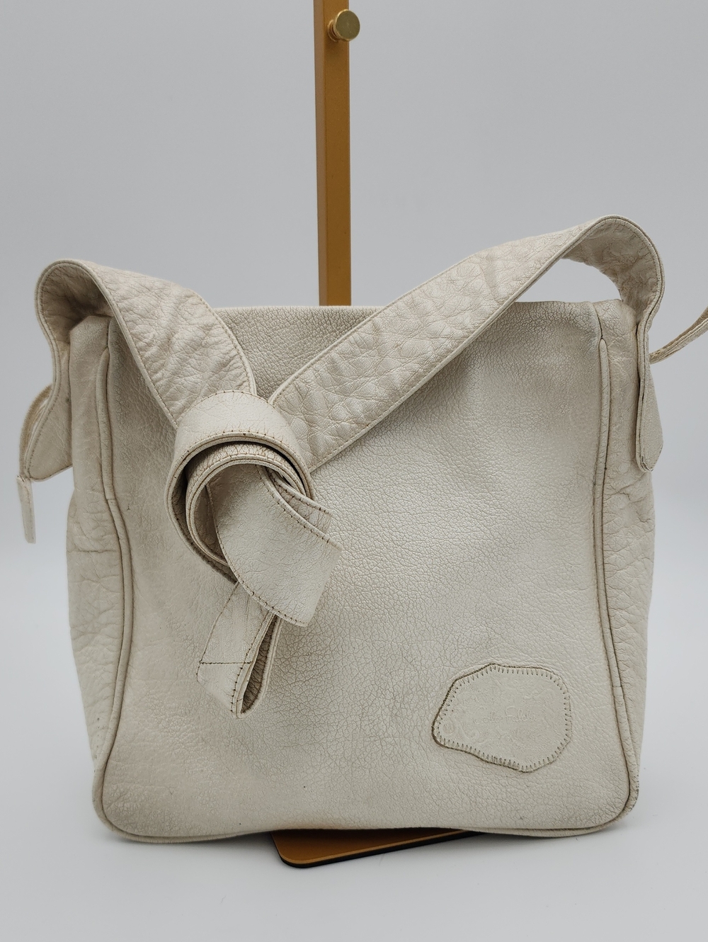Carlos Falchi Cream Leather Shoulder Bag with Knotted Strap